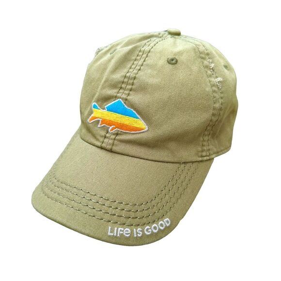 Life Is Good Distressed‎ Fish Active Strapback Baseball Hat Olive Low Profile - Picture 1 of 5